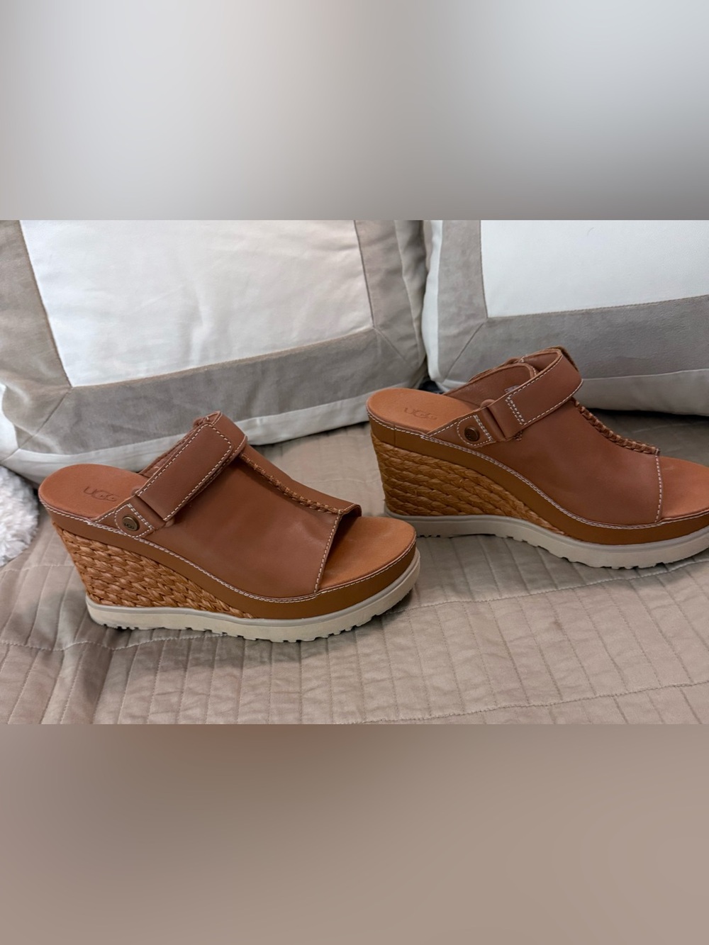 UGG Brown Leather Woven Wedge Slide Sandals